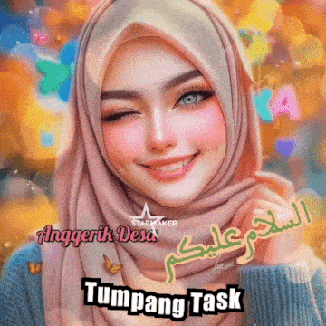 a woman wearing a hijab is smiling with the words tumpang task on the bottom