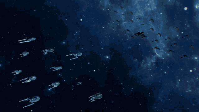 a computer generated image of a space battle with a few ships flying through the air