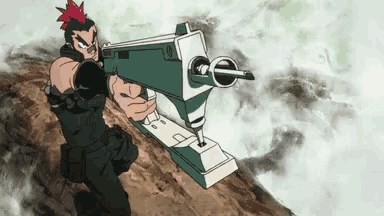 a man with red hair is holding a gun that says ' a ' on it