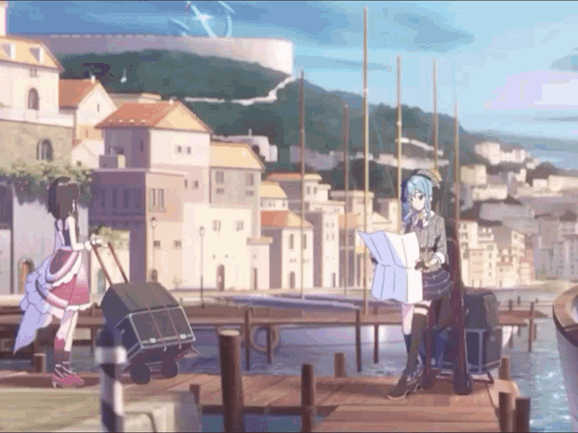 a girl with blue hair is looking at a map while standing on a dock
