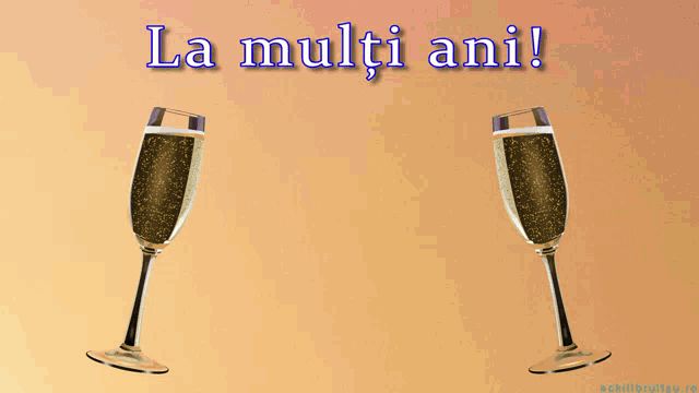 a greeting card with two glasses of champagne and the names mihaela and gabriel