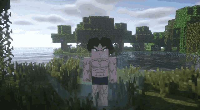a minecraft character is standing in the water surrounded by trees
