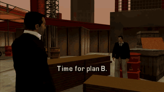 a man in a suit stands in front of a sign that says " time for plan b. "