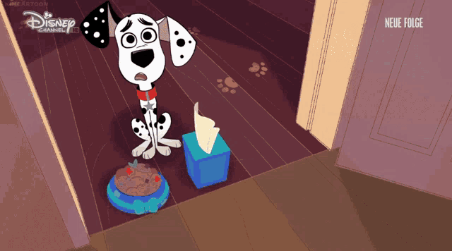 a dalmatian dog is standing next to a bowl of food and a box of tissues with the words neue folge below it