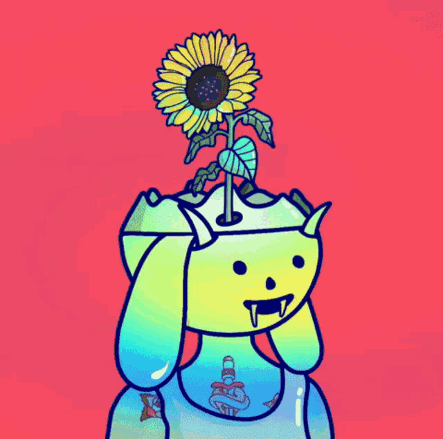 a cartoon character with a sunflower growing out of its head