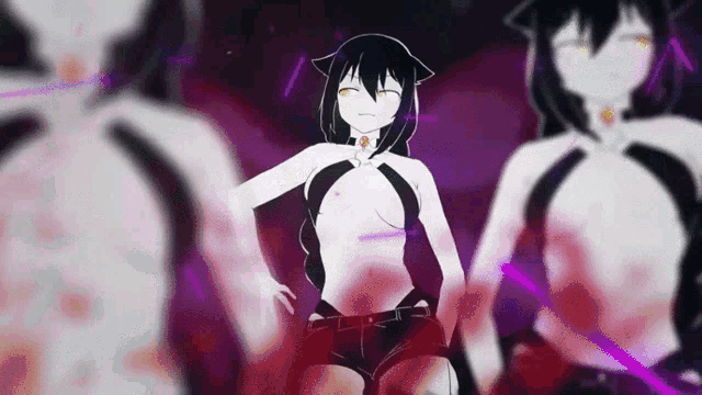 a naked anime girl is standing in front of a group of people in a dark room .