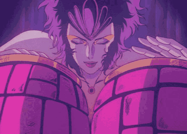 a drawing of a woman with glowing eyes and purple hair