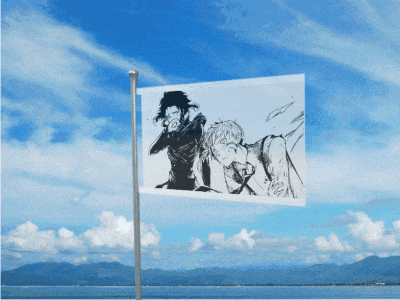 a flag with a drawing of a man and woman on it