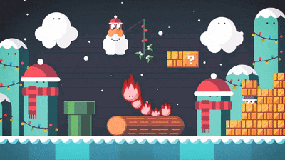 a cartoon illustration of a christmas scene with a question mark in the background