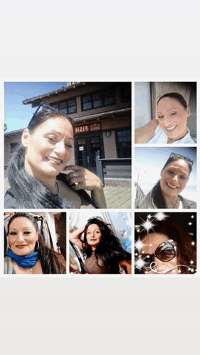 a collage of a woman 's faces with a building in the background
