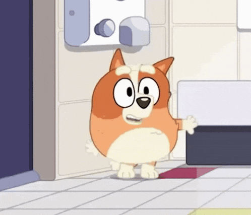 a cartoon dog is standing on a tiled floor .