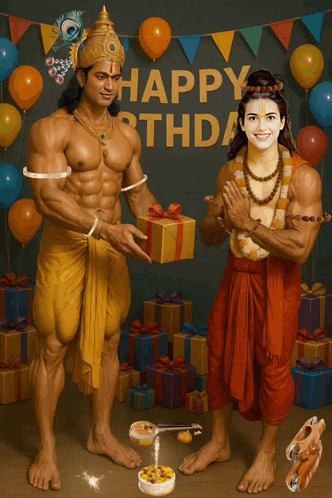 a painting of a man giving a gift to another man with the words happy birthday in the background