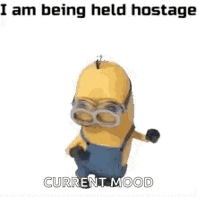 a minion wearing goggles is dancing and saying `` i am being held hostage '' .