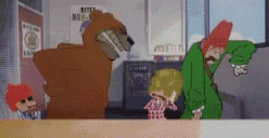 a group of cartoon characters are standing in a room with a poster on the wall that says ' bites more '