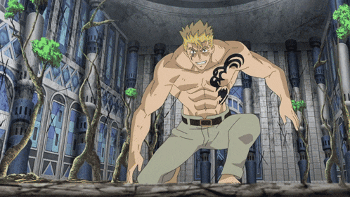 a man with a tattoo on his chest is squatting down