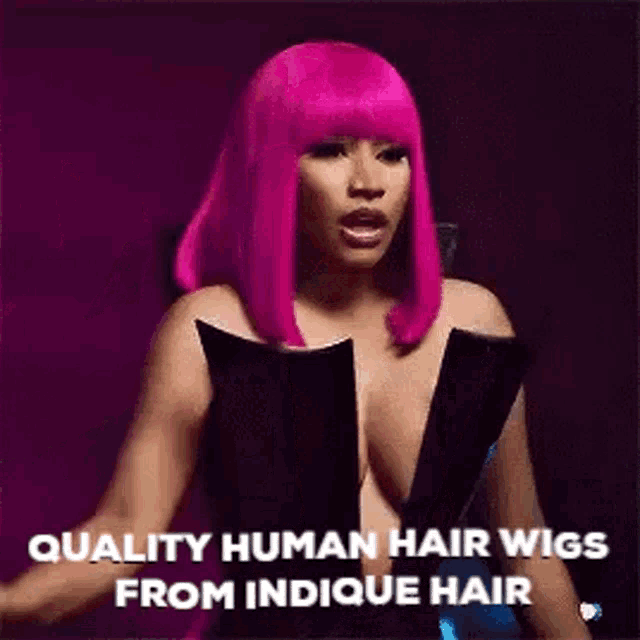 a woman wearing a pink wig and a black dress is talking about quality human hair wigs from indicue hair .