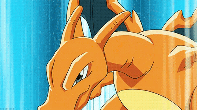 a close up of a cartoon character with a blue background and the word pokemon on it
