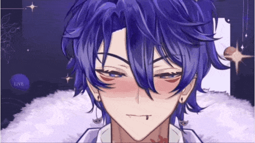 a close up of a person with purple hair making a funny face