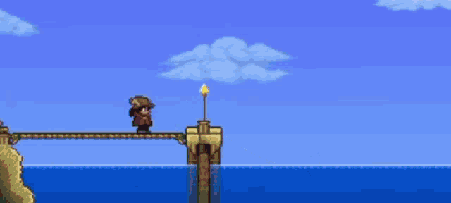 a pixel art of a man standing on a bridge next to a monster in the water that says goddamn schoolwork