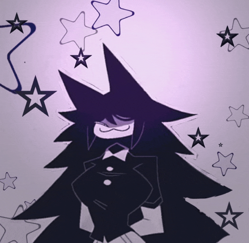 a drawing of a cartoon character with a purple background and black stars