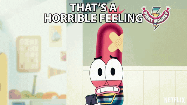 a cartoon character has a bandage on his head and the words that 's a horrible feeling