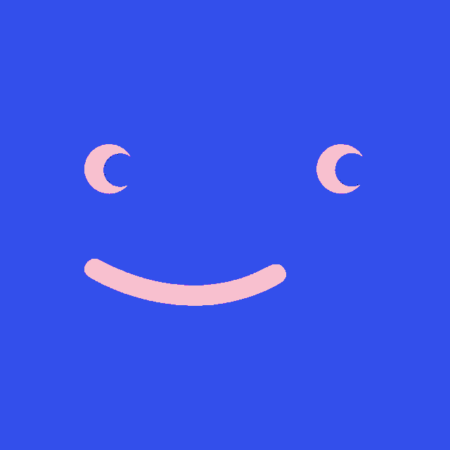 a pink background with a white smiley face with blue eyes