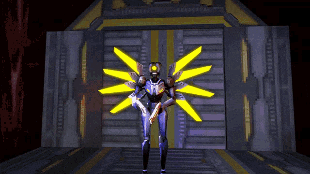 a robot is standing in front of a sign that says ' destructive dont care '