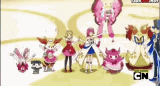 a group of cartoon characters standing next to each other with cn on the bottom