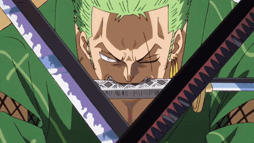 a man with green hair is holding two swords in front of his face