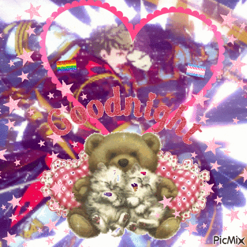 a picture of a teddy bear holding two kittens with the words goodnight written on it