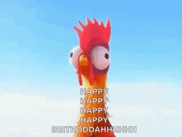 a rooster with big eyes and a red crest is singing a birthday song .