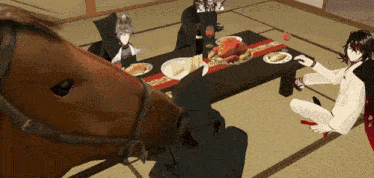 a group of anime characters are sitting around a table with food