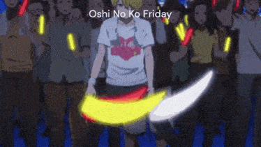 a man is holding a sword in front of a crowd and the words oshi no ko friday are above him