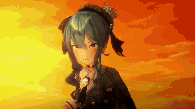 a blue haired anime girl with a crown on her head