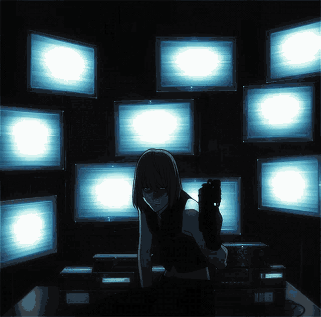 a woman holding a gun stands in front of a wall of monitors