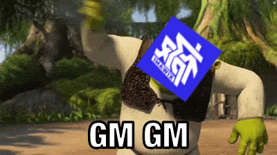 shrek is holding a blue sign that says gm gm