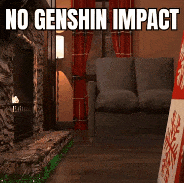 a living room with a couch and a fireplace and the words " no genshin impact "