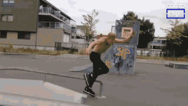 a man without a shirt is doing a trick on a railing at a skate park with the words collab clips in the background