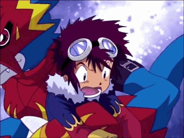 a cartoon character wearing goggles is standing next to a red monster