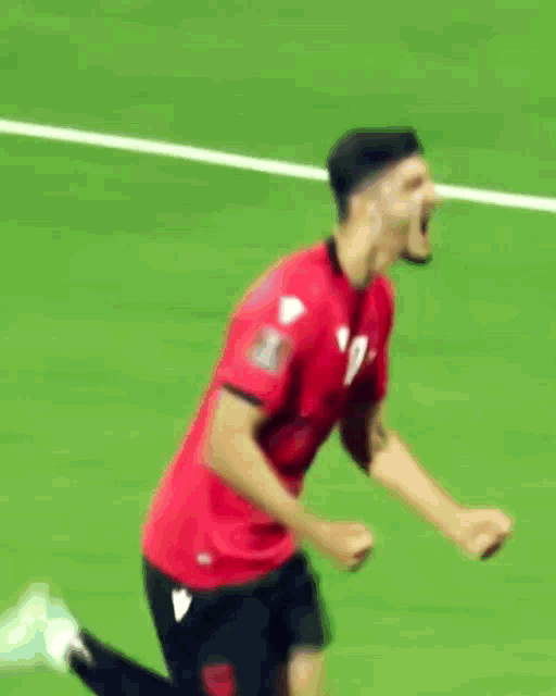 a man in a red shirt with the number 11 on it is kneeling on a soccer field