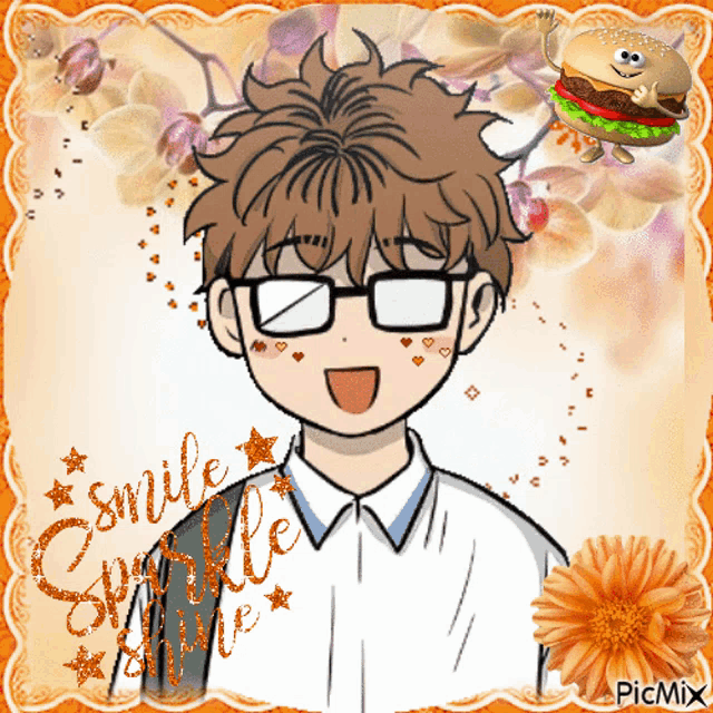 a picture of a boy with glasses and the words smile sparkle love
