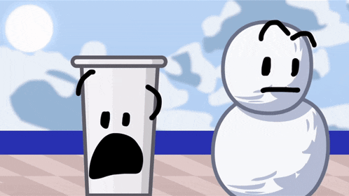 a cartoon drawing of a snowman and a cup with faces on them