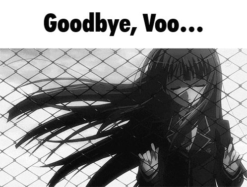 a black and white image of a girl behind a chain link fence with the words goodbye voo