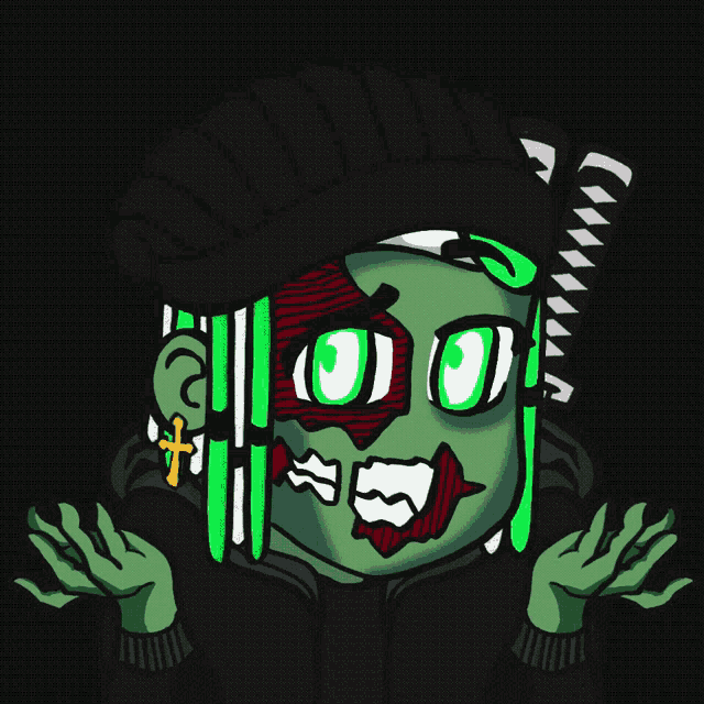 a cartoon of a person with green eyes and a cross earring