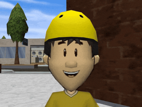 a cartoon character wearing a yellow helmet is smiling in front of a laundromat