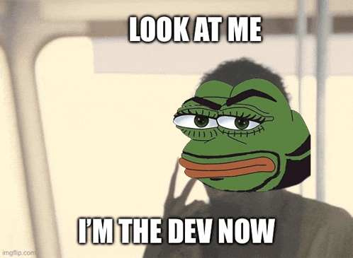 a cartoon frog with the words look at me i 'm the dev now below it