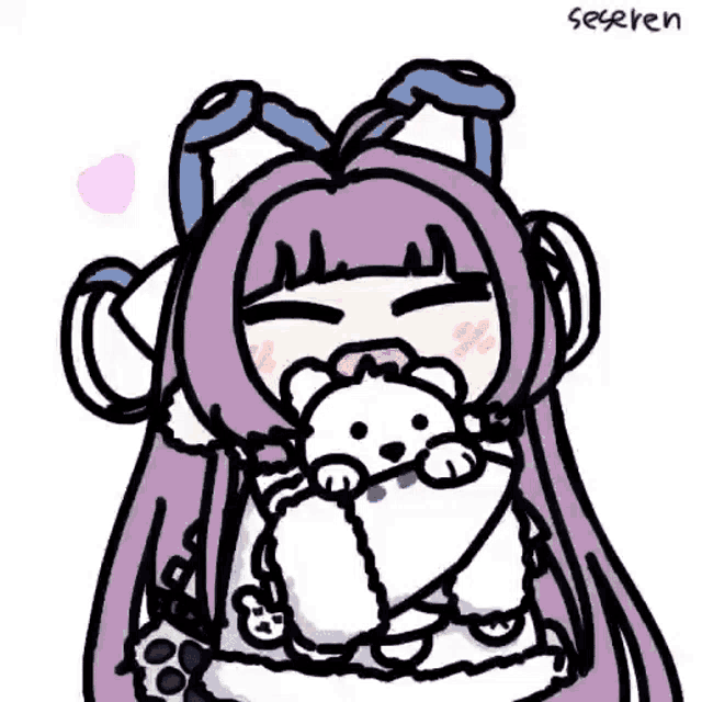 a drawing of a girl with purple hair holding a white teddy bear .