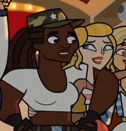 a group of cartoon characters are standing next to each other and one of them is wearing a hat .