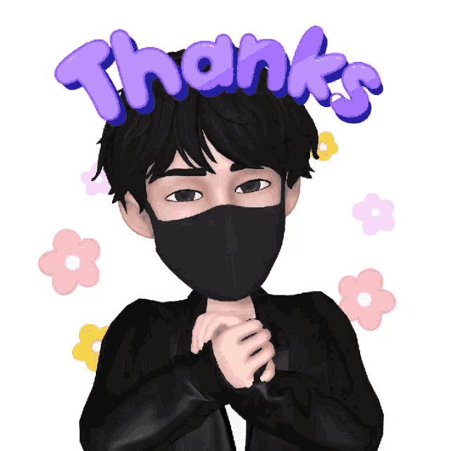 a cartoon character wearing a mask with the words thanks above him