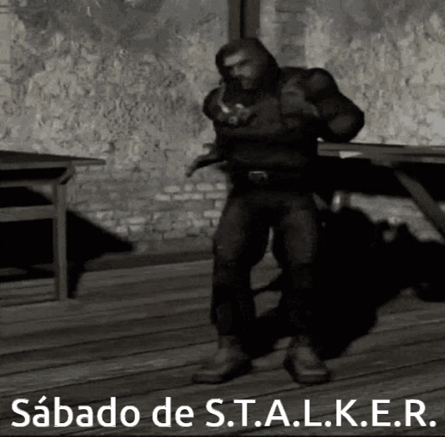 a video game character is dancing with the words sabado de s.t.a.l.k.e.r. written below him